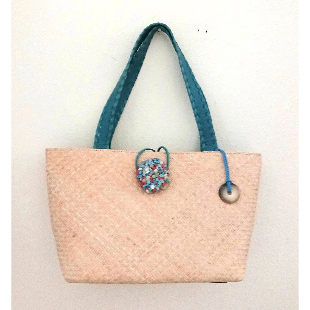 The Sak Rattan Shoulder Tote Turquoise Leather Straps Multi Stone Toggle Button
